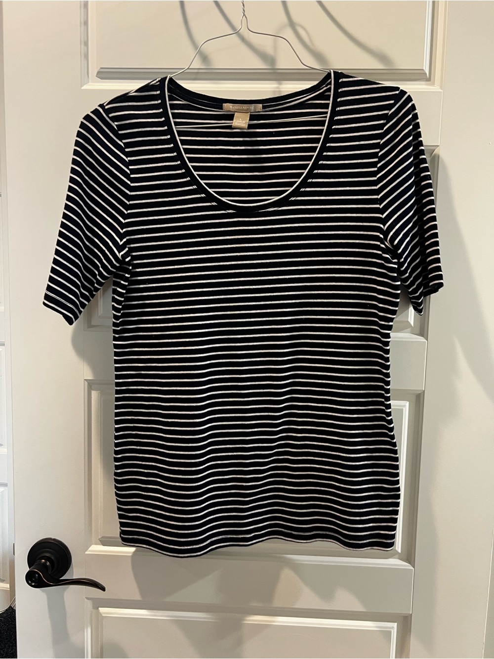Banana Republic Black & White Striped Scoop Neck Tee
